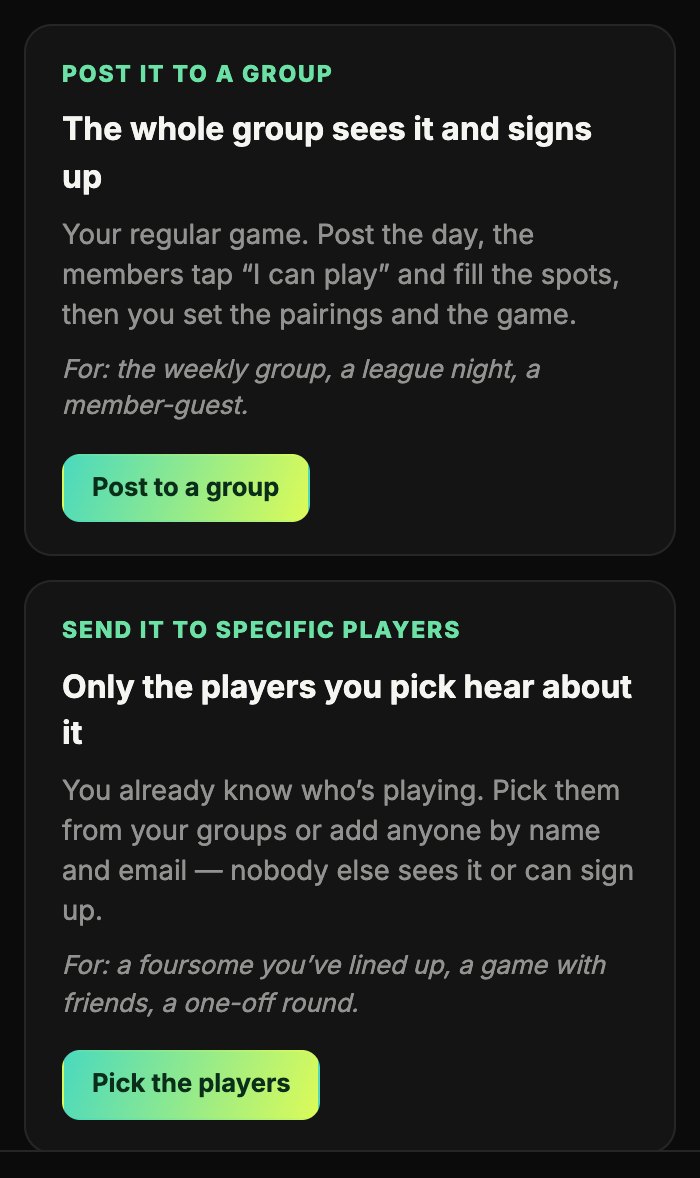 Create Tee Time: post it to a group, or send it to specific players