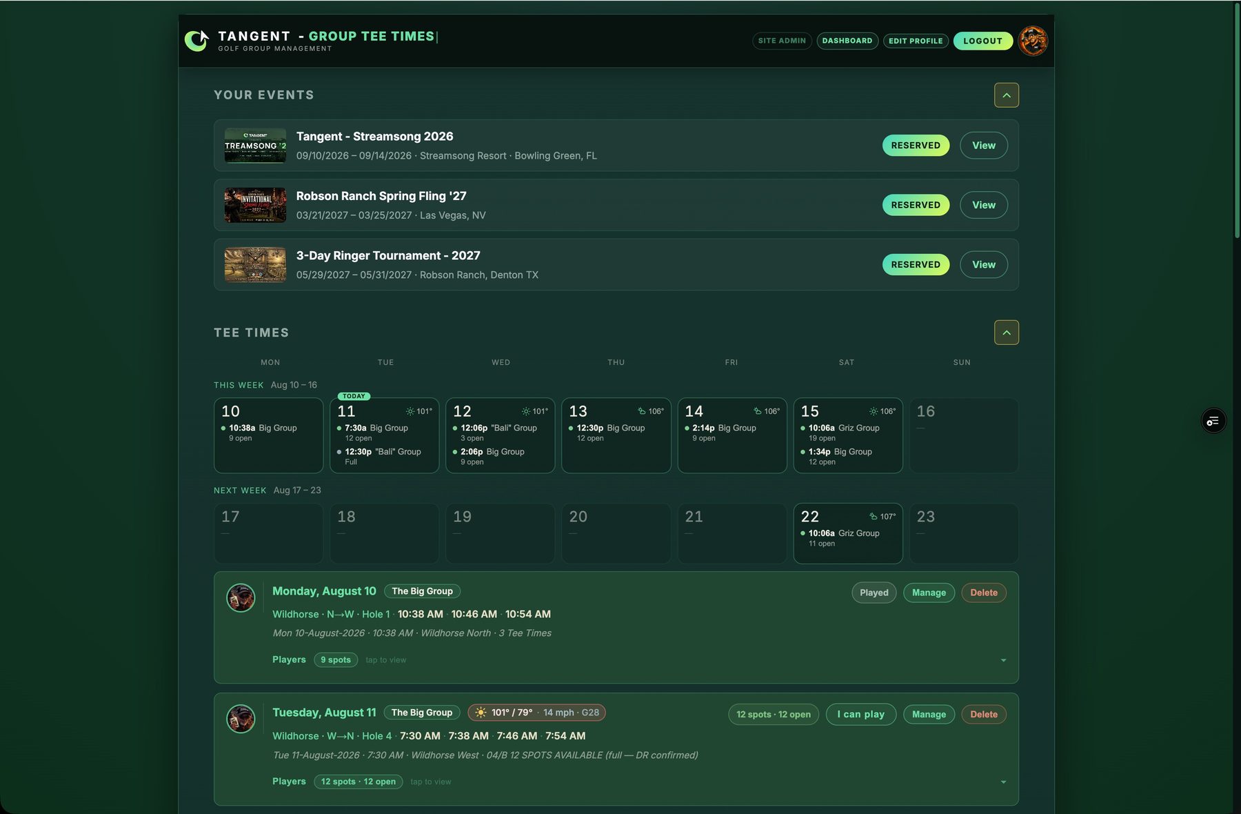 The player dashboard: upcoming events, the two-week tee-time calendar, and day cards with one-tap signup