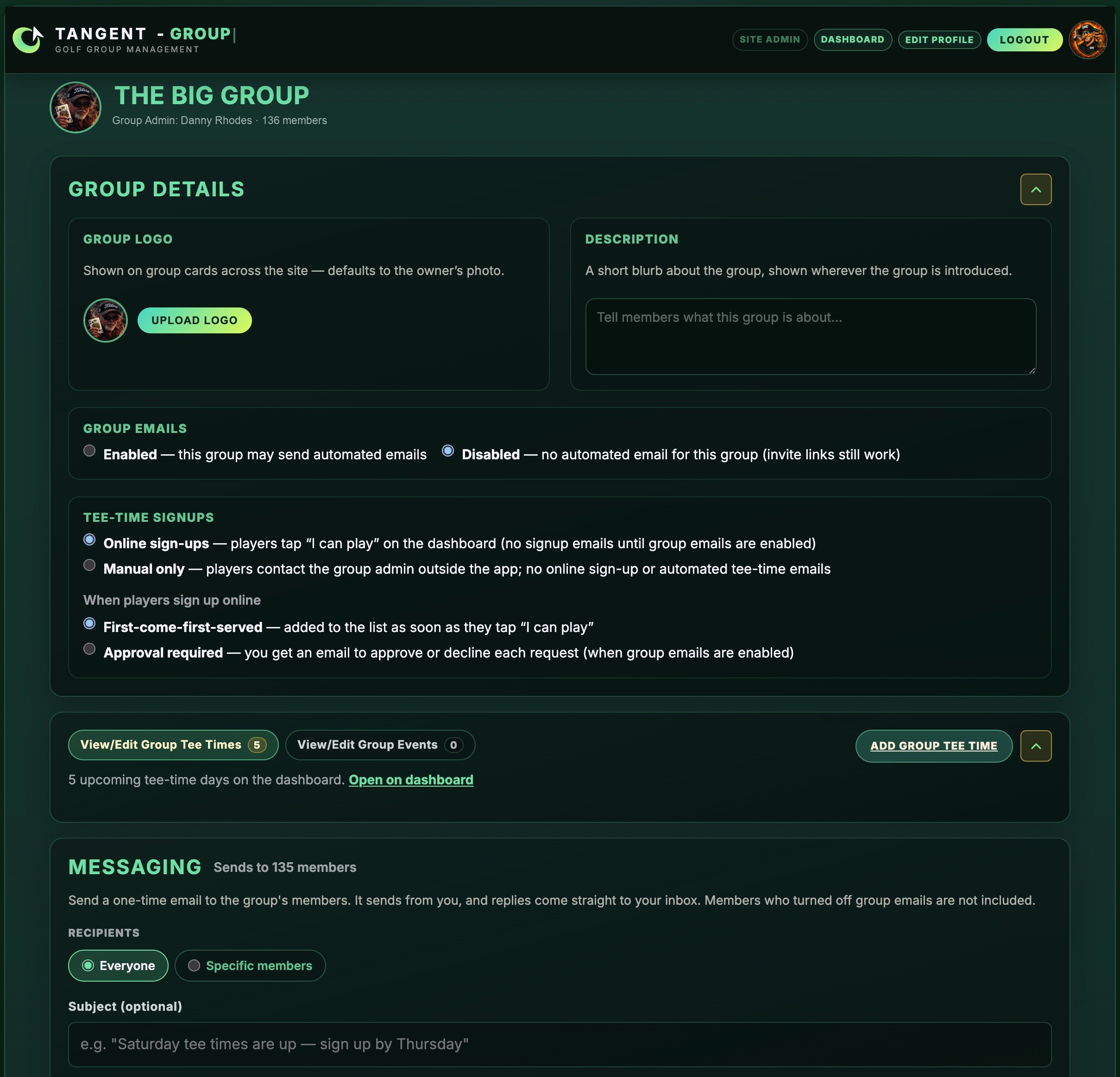 The group manage page: group details, sign-up settings, tee times, and messaging