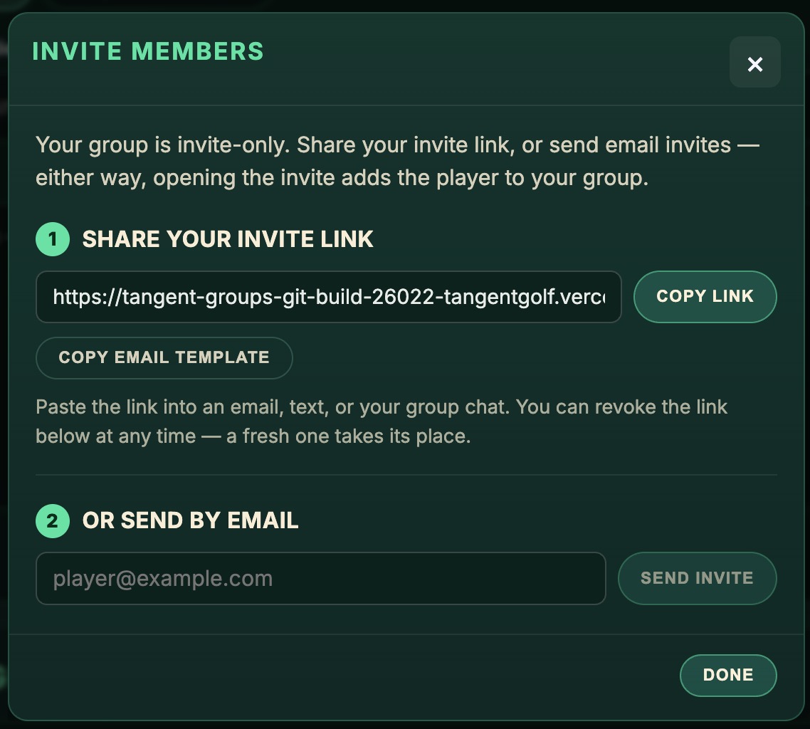 The invite members dialog with a shareable link and email invites