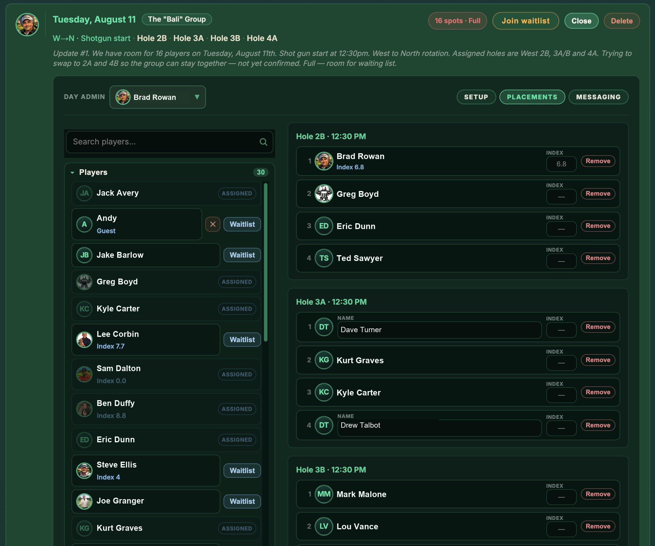 The placements editor: player list on the left, tee-time and starting-hole slots on the right